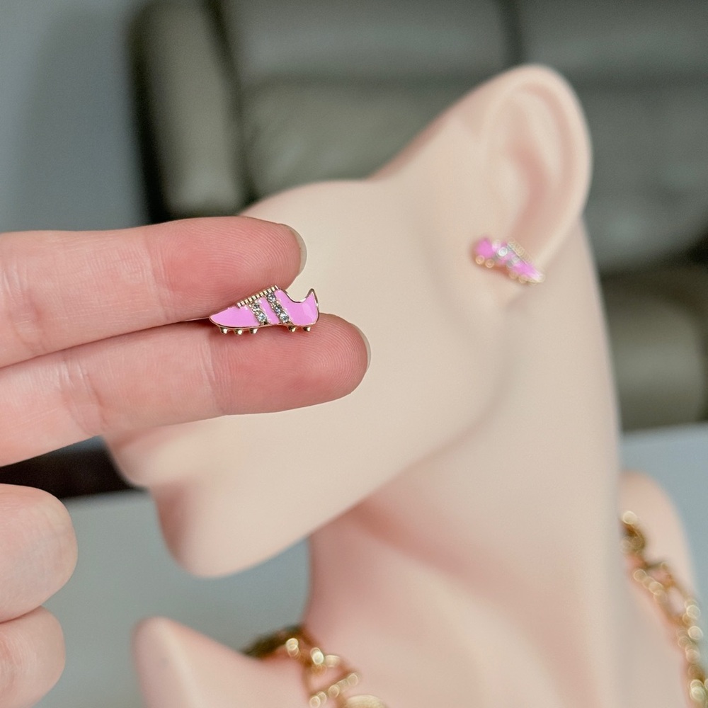 Pink Roller Skate Stud Earrings - Gold Tone